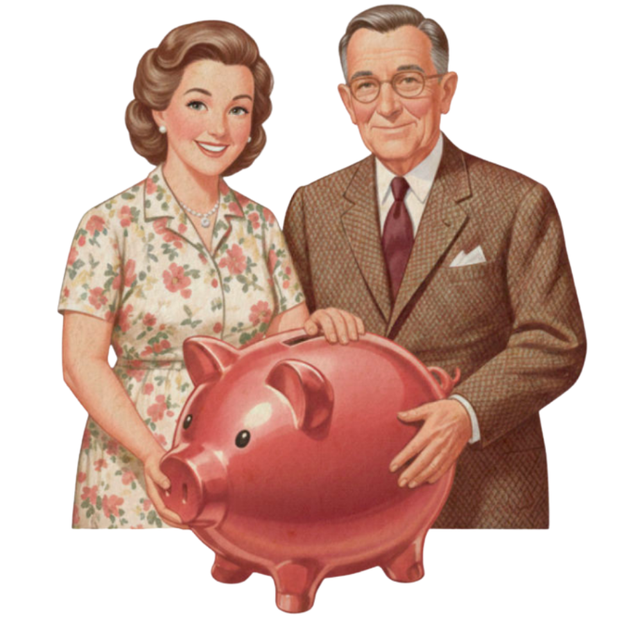 Vintage couple holding a piggy bank